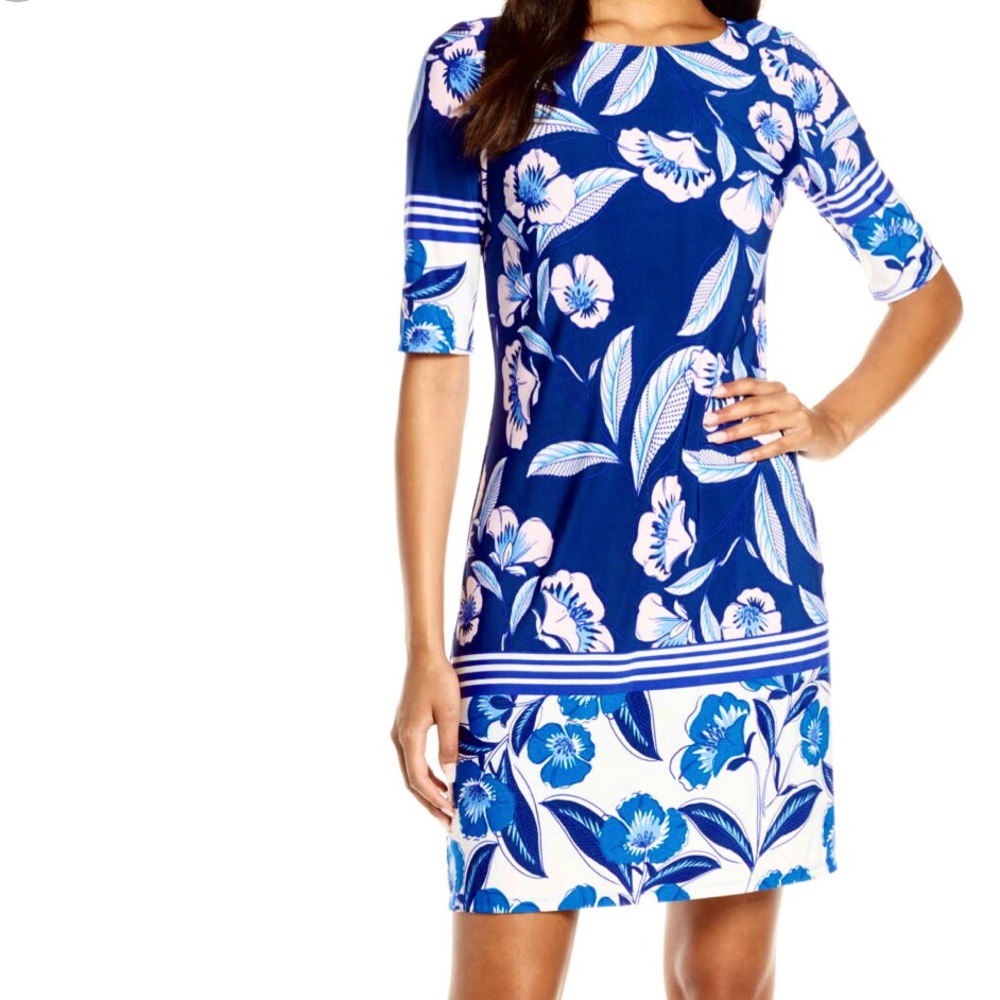 Tropical Floral Elbow Sleeve Shift Dress